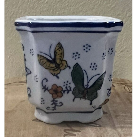 Vintage Chinoiserie Floral Butterflies Ceramic Hand Painted 4" Indoor Planter - Picture 5 of 12